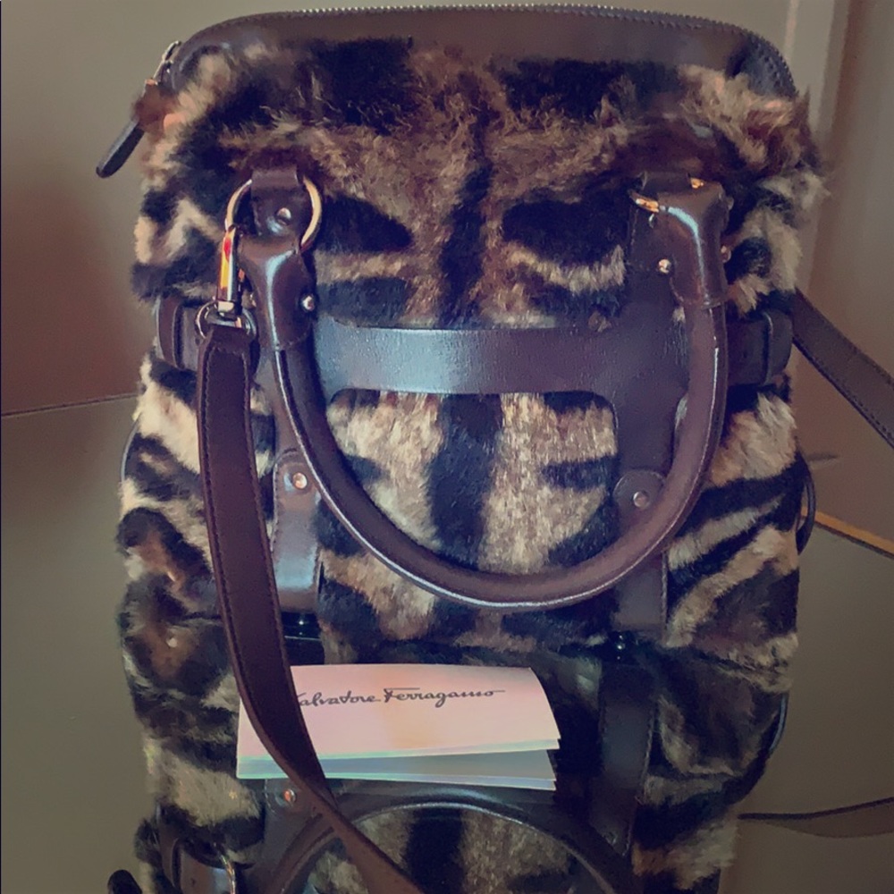 Ferragamo perfect size leather corseted fur bag